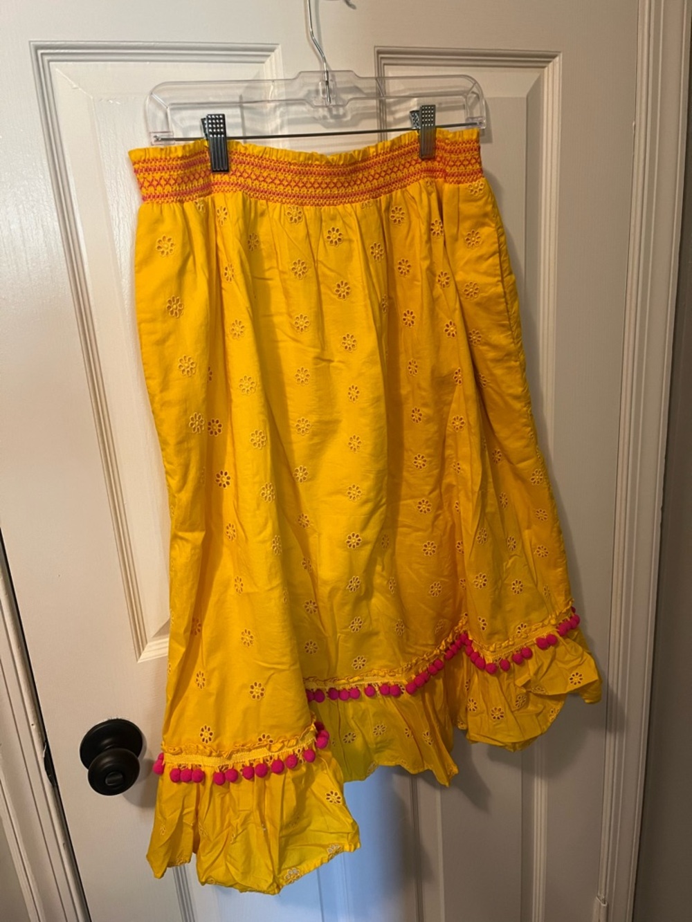 J.Crew Sunny Yellow Embroidered Ruffle Skirt with Pink Pom Trim